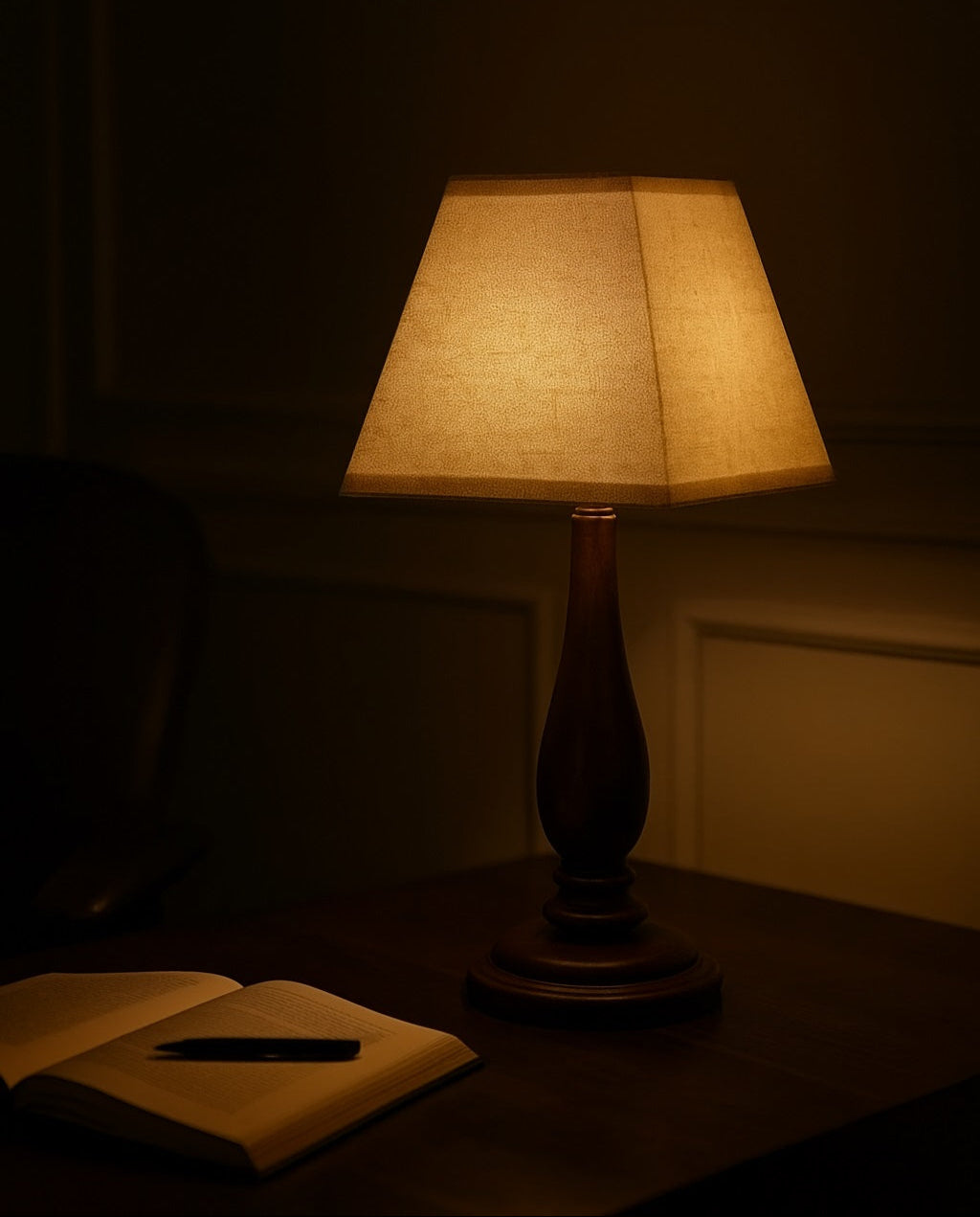 Lampe de table avec abat-jour pyramidal allumé, ambiance chaleureuse sur bureau en bois sombre avec livre ouvert.