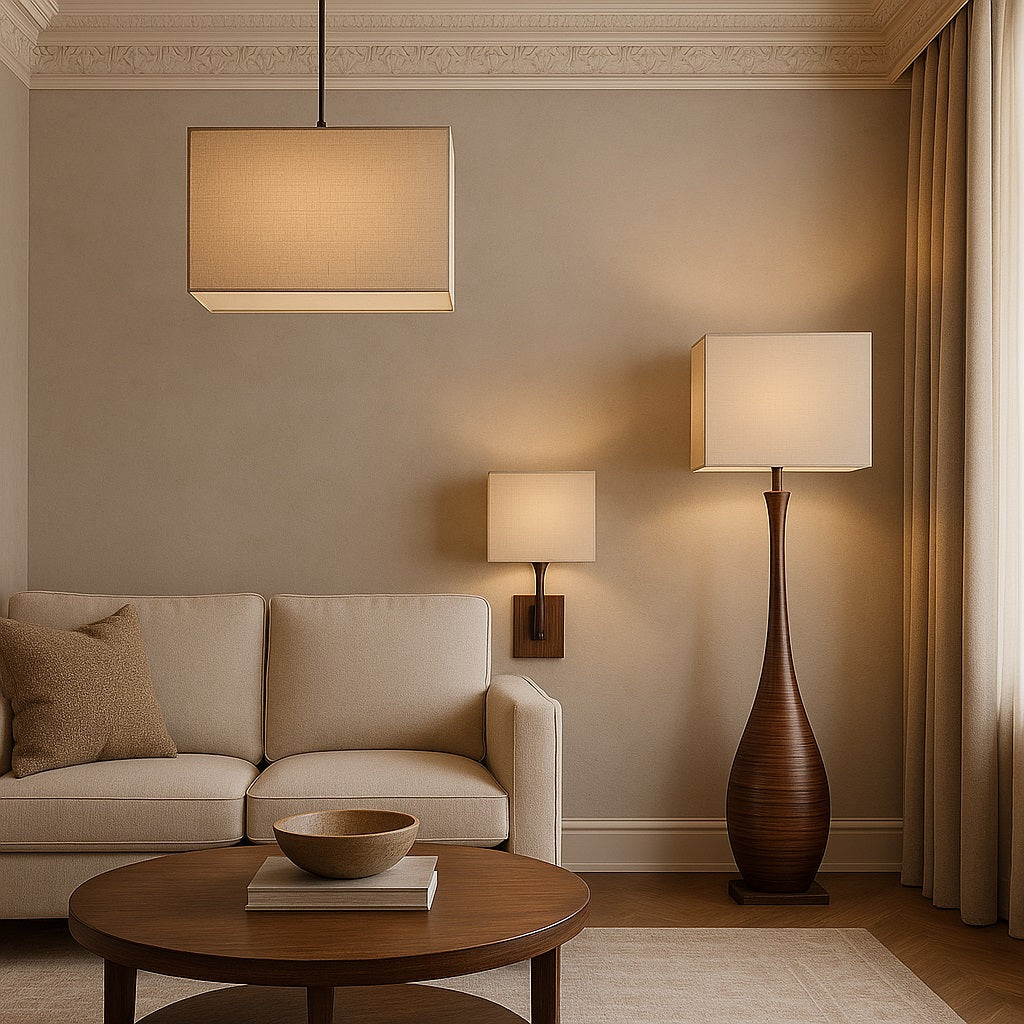 Suspension et lampe avec abat-jour rectangulaire beige en tissu, design moderne et chaleureux dans un salon élégant.
