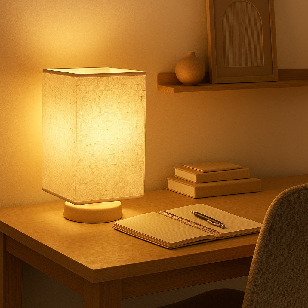 Abat-jour pour lampe de bureau en tissu beige diffusant une lumière chaude sur un bureau en bois clair.