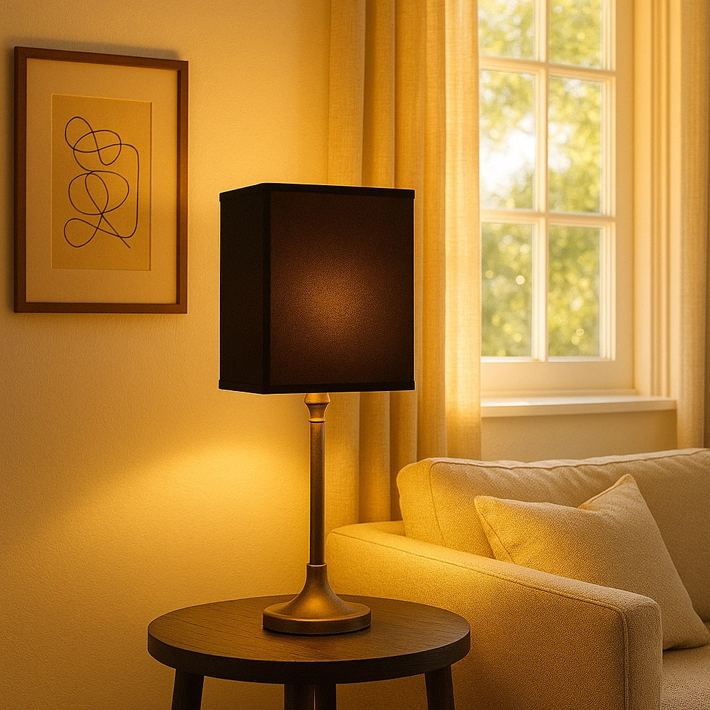 Lampe de table avec abat-jour noir allumé, lumière tamisée et atmosphère cosy du soir.