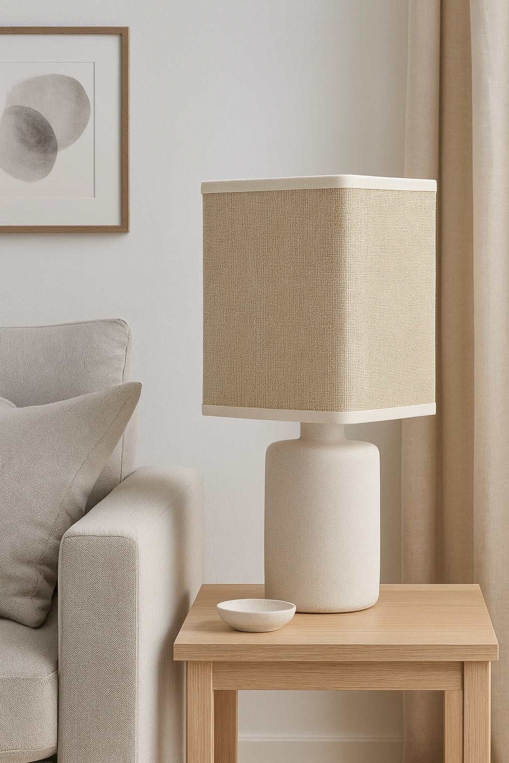Lampe avec abat-jour rectangulaire en tissu beige, design minimaliste et naturel dans un salon lumineux.
