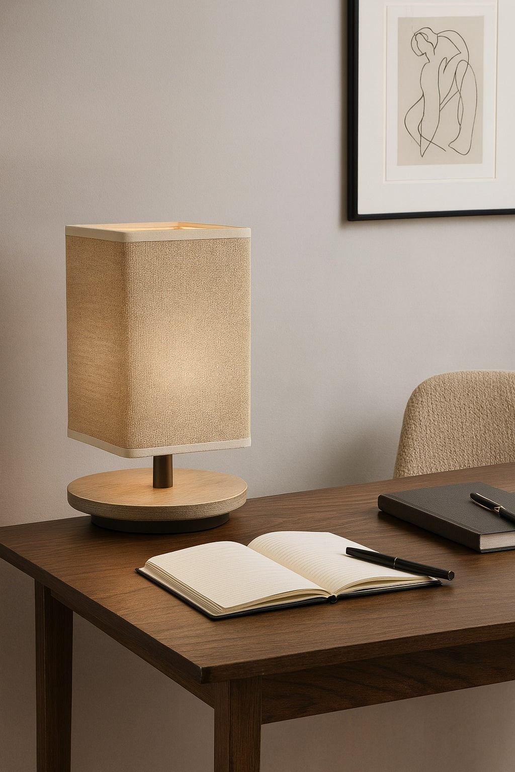Abat-jour rectangulaire beige allumé sur lampe de bureau en bois, ambiance douce et élégante.
