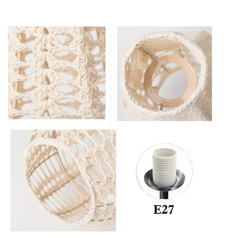 Zoom sur la texture tressée, l’intérieur et l’anneau de fixation E27 de l’abat-jour suspension en corde ivoire – détails techniques.