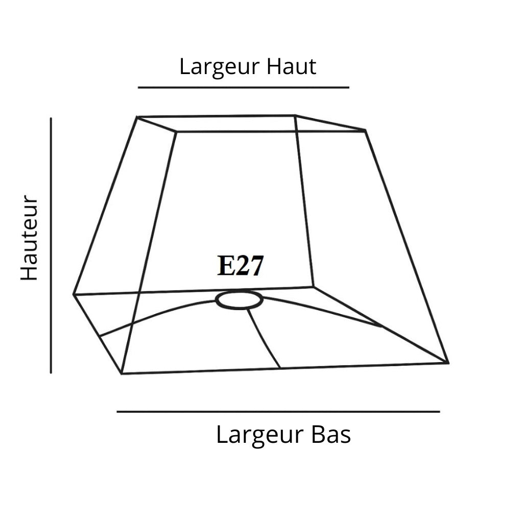 Schéma technique d’un abat-jour pyramidal avec douille E27, indiquant les dimensions du diamètre supérieur, du diamètre inférieur et de la hauteur.