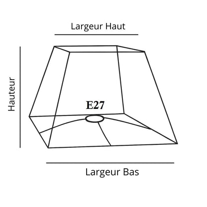 Schéma technique d’un abat-jour pyramidal avec douille E27, indiquant les dimensions du diamètre supérieur, du diamètre inférieur et de la hauteur.