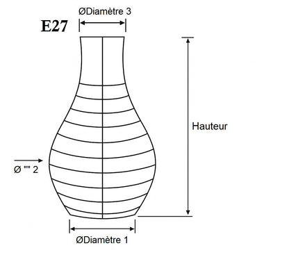 Schéma technique d’un abat-jour suspension forme bouteille avec douille E27 – indication des diamètres et de la hauteur.