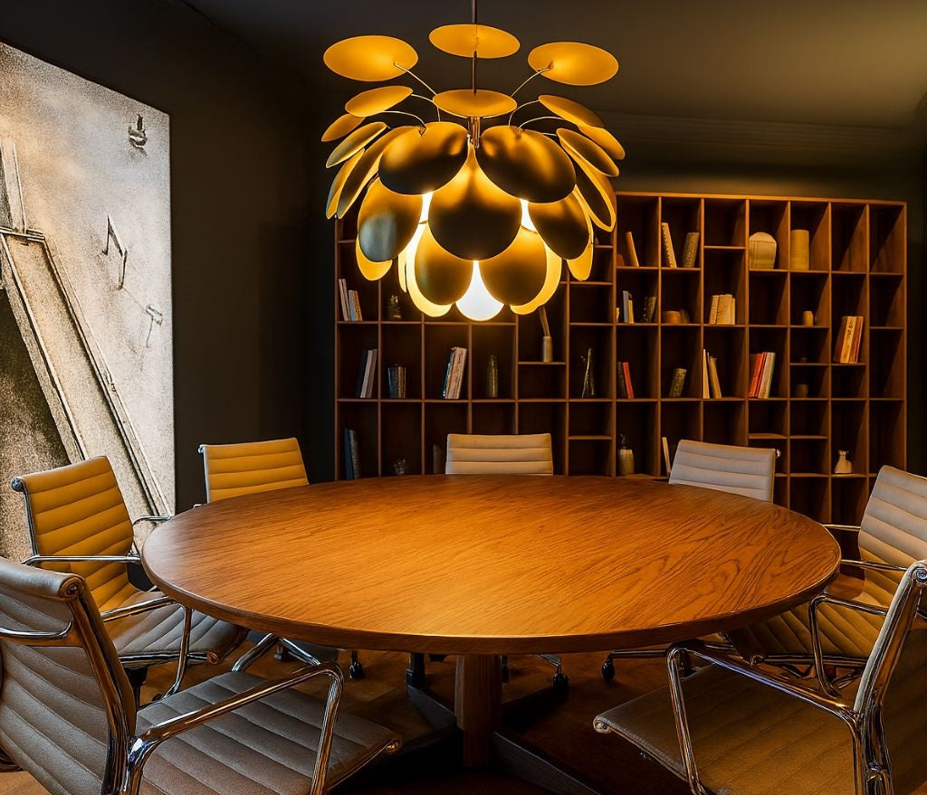 Suspension pétales design dorée illuminant une salle à manger moderne – abat-jour sculptural pour un éclairage chaleureux et élégant.