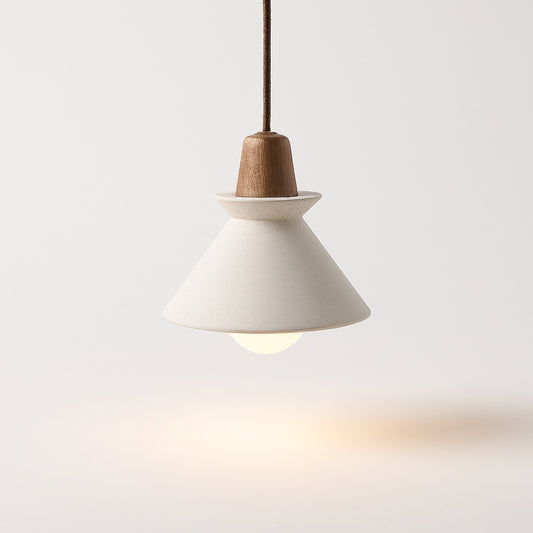 Suspension conique en ciment et bois foncé, design minimaliste et lumière douce pour cuisine, entrée ou salle à manger.