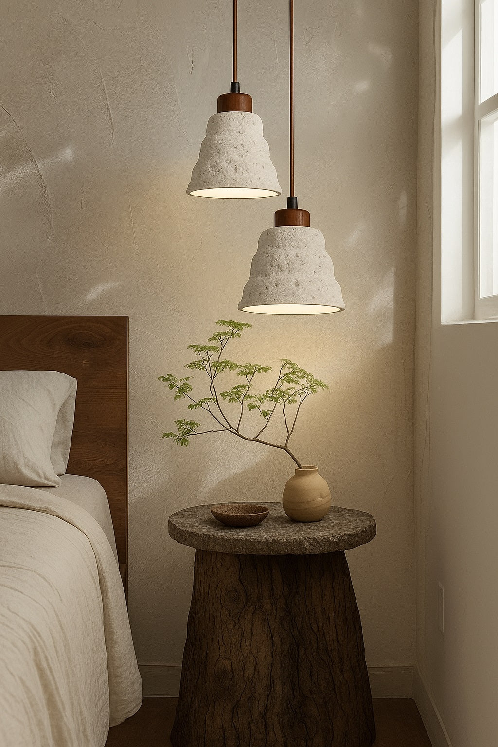 Suspension abat-jour en ciment Cratera au-dessus d’une table de chevet en bois