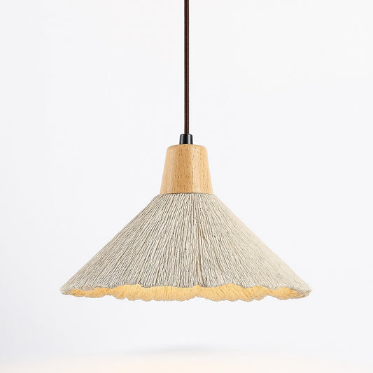 Suspension Florica en ciment nervuré et bois clair, forme fleur ouverte, lumière douce pour déco naturelle et contemporaine.