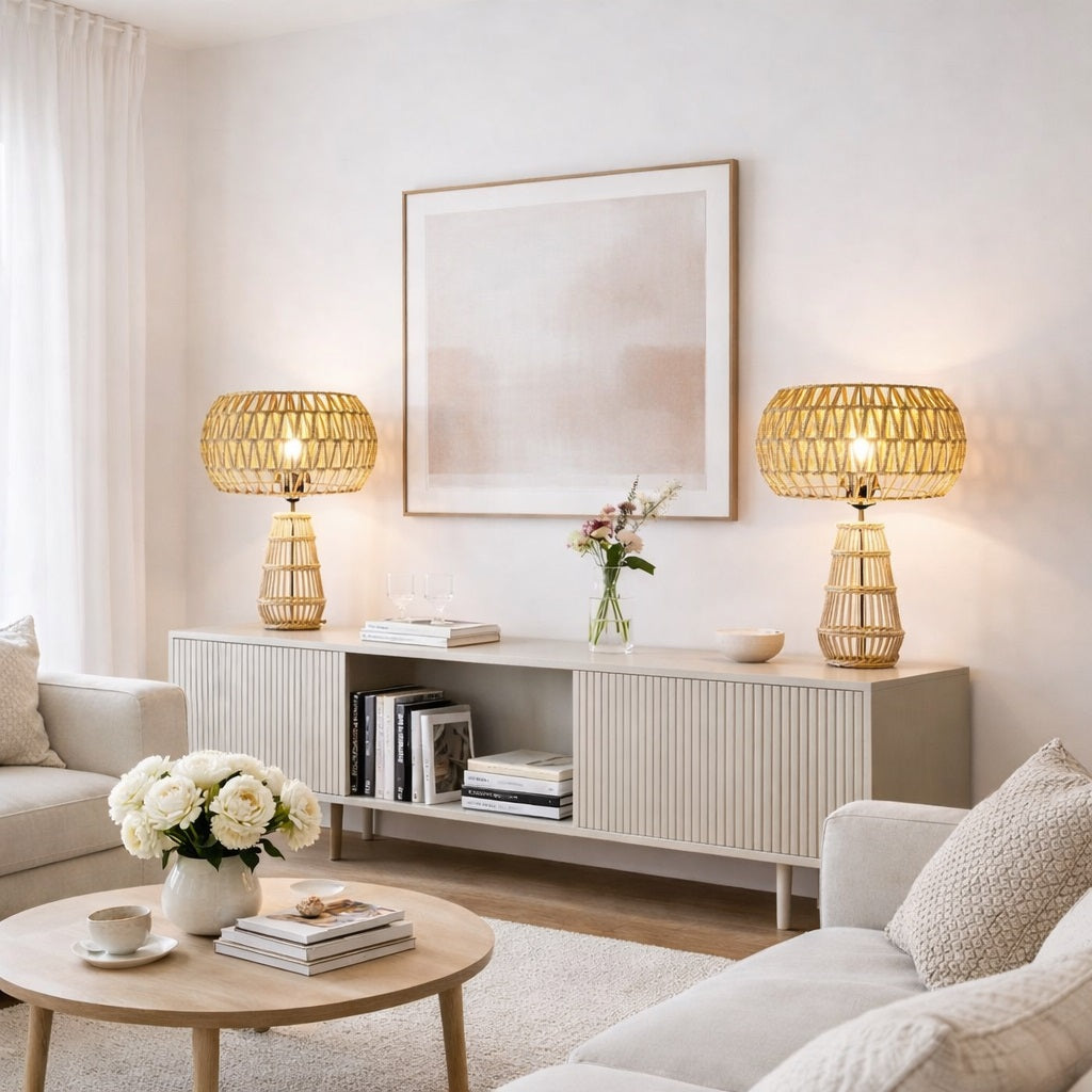 Abat-jour lampadaire en corde naturelle dans un salon lumineux, style bohème chic et éclairage tamisé.