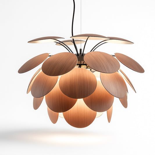 Suspension design en disques de bois superposés – éclairage G9 – style organique moderne diamètre 50 ou 60 cm