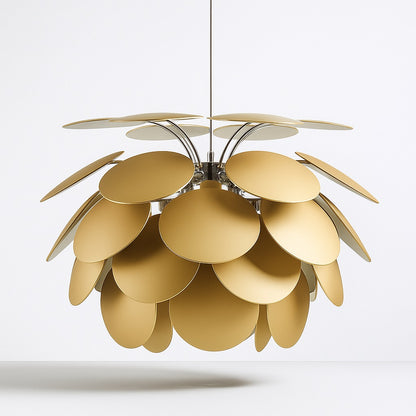 Suspension design dorée en forme de fleur avec disques métalliques superposés – éclairage G9 élégant pour salon ou chambre