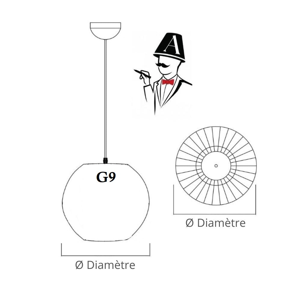 Schéma de suspension pour abat-jour rond avec douille G9 – vue de face et vue du dessous avec indication du diamètre.