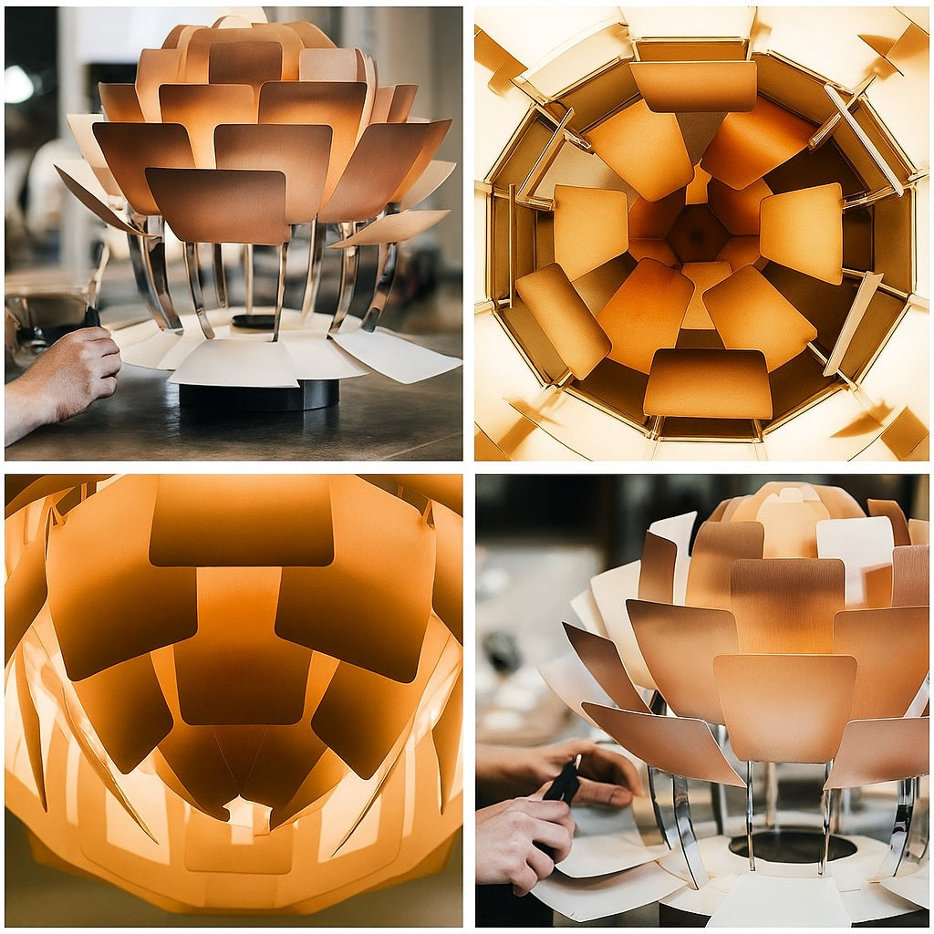Détails de fabrication d’une suspension design cuivrée : vues rapprochées des pétales métalliques, structure interne et montage manuel.
