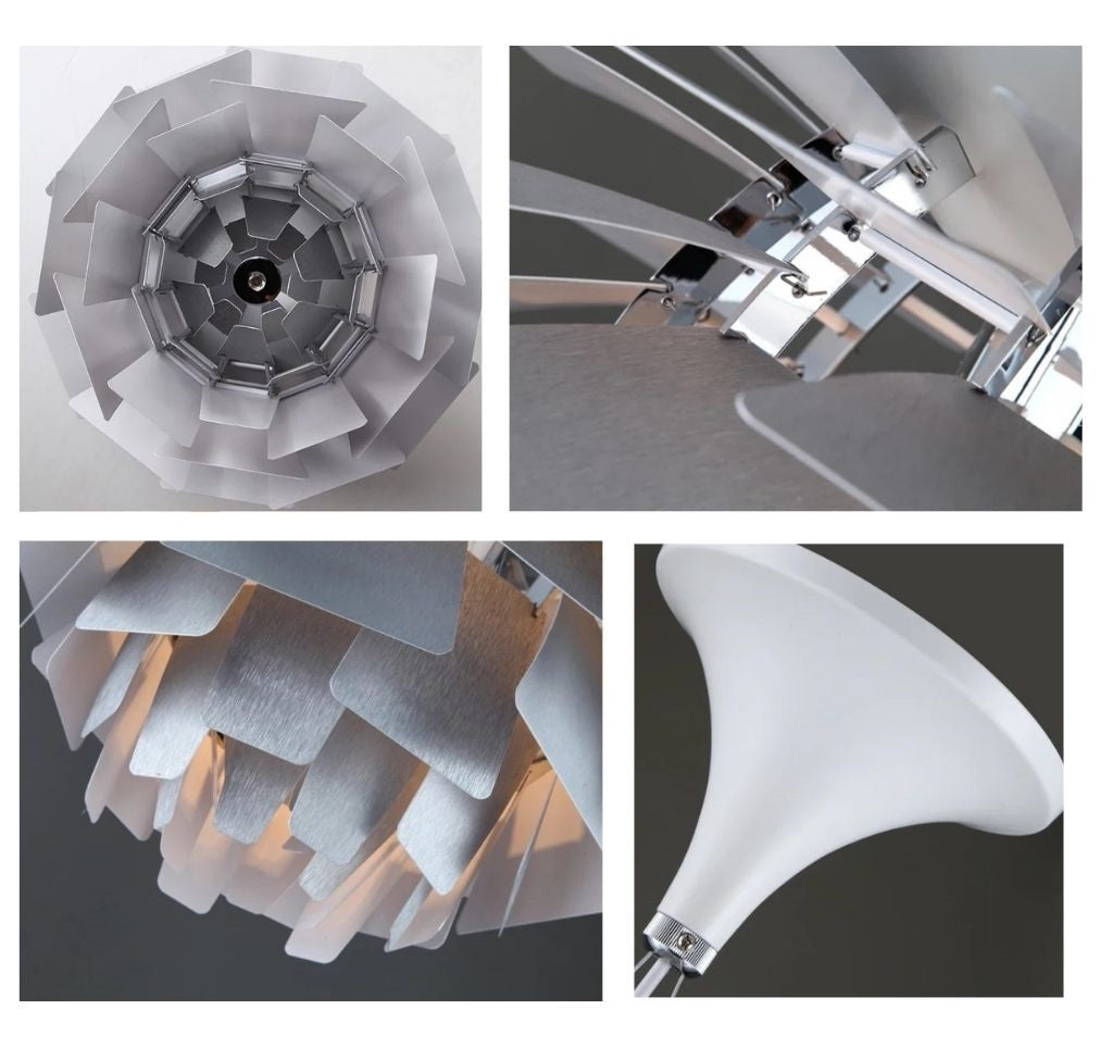 Détails de la suspension design métal brossé : lamelles fixées, éclairage diffus, vue intérieure et rosace de plafond en cône blanc.