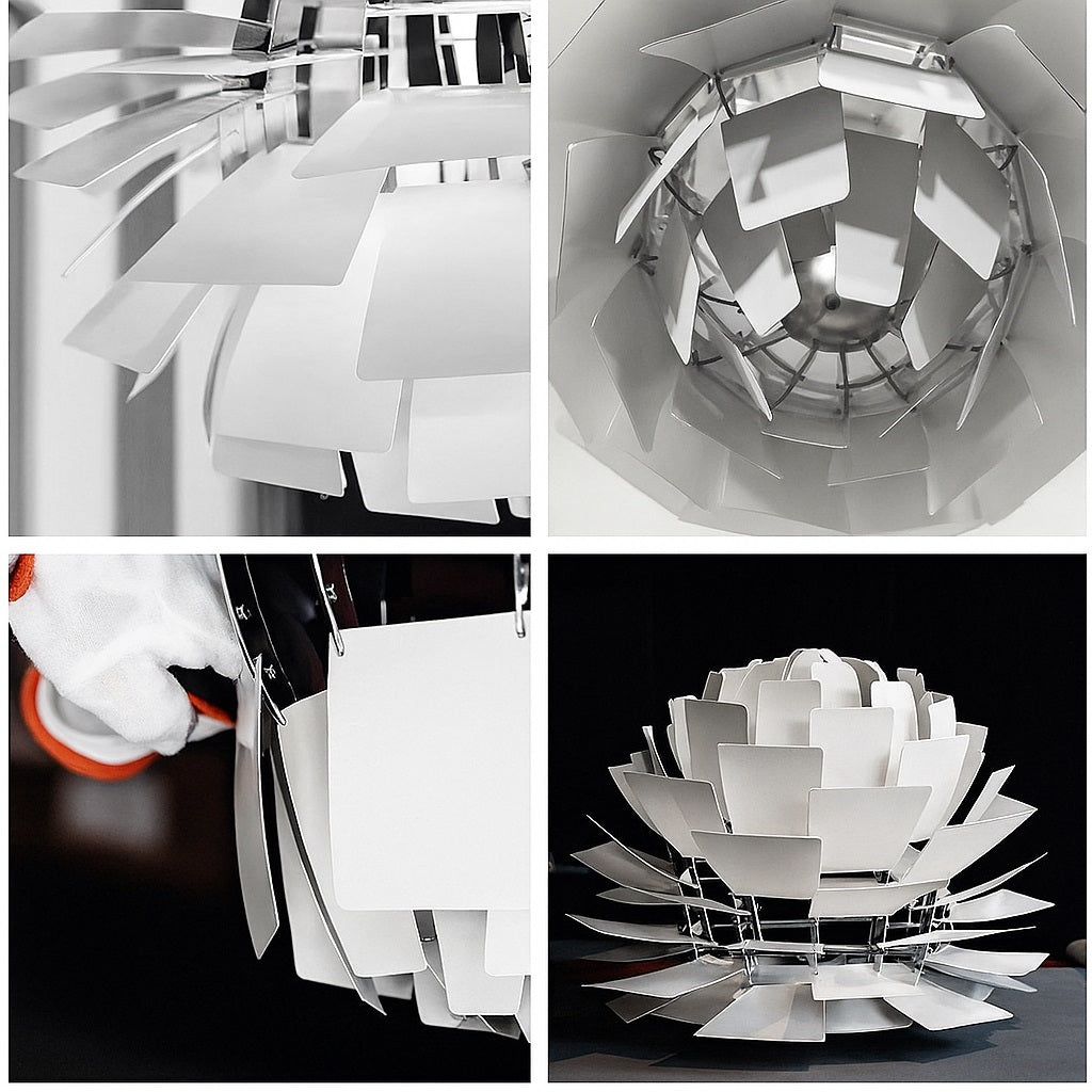 Détails du montage manuel d’une suspension design type artichaut en métal blanc, structure métallique et lamelles vissées.
