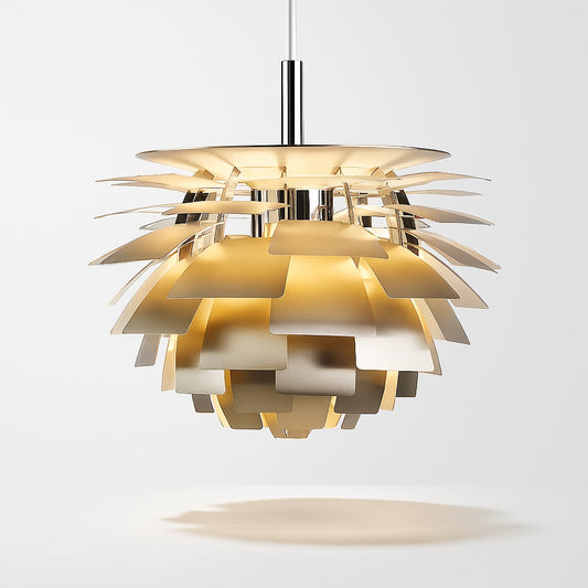 Suspension design chromée, lumière douce et structure en métal miroir, abat-jour sculptural pour lampe E27