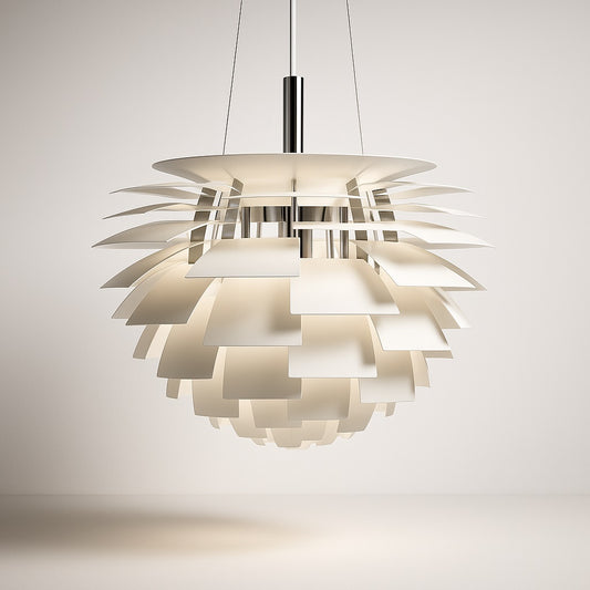 Suspension design blanche en métal ajouré, lumière douce et abat-jour sculptural style contemporain