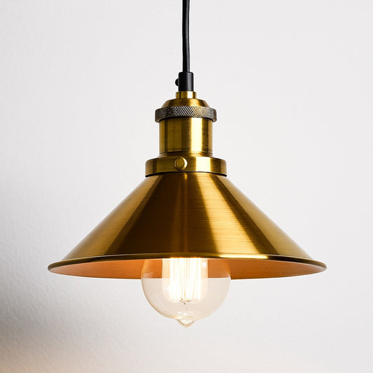 Suspension abat-jour conique en métal doré brossé, style industriel rétro compatible ampoule E27