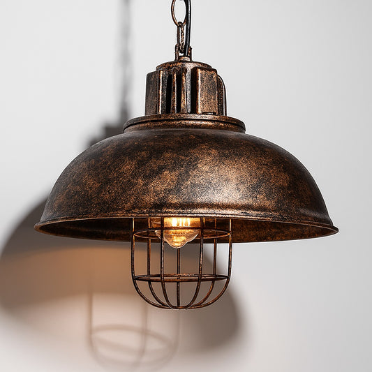 Suspension abat-jour en métal vieilli avec grille, style industriel vintage, lampe rustique compatible ampoule E27