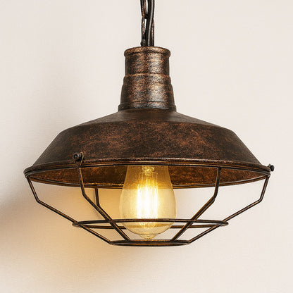 Suspension abat-jour en métal effet rouille avec grille de protection vintage, douille E27 et lumière chaude tamisée