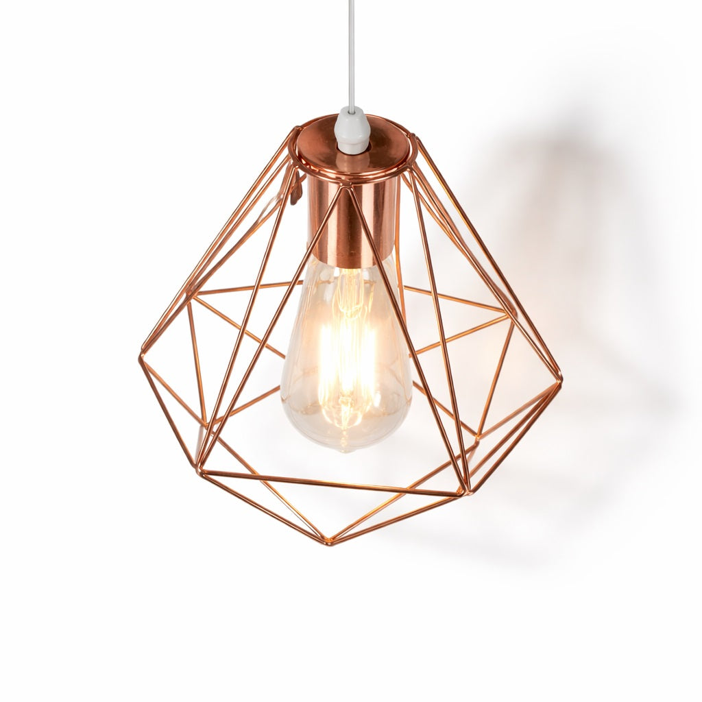 Abat-jour suspension métal Auréa finition cuivre, structure géométrique raffinée avec ampoule filament