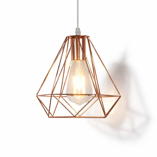 Abat-jour suspension métal cuivré Auréa, détail de la structure géométrique et de l’ampoule décorative