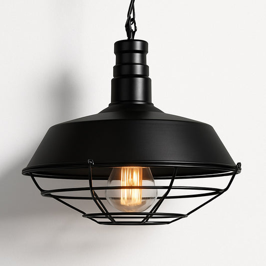 Suspension abat-jour industrielle noire en métal avec grille de protection, douille E27, lumière chaude, style vintage