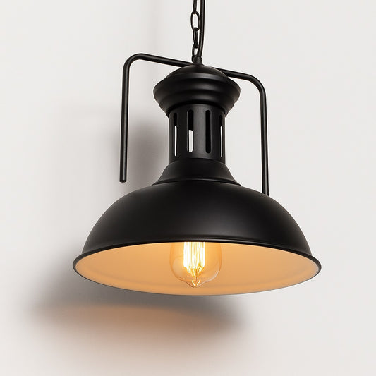 Suspension abat-jour industrielle en métal noir mat, effet lanterne suspendue à chaîne, ampoule E27 apparente
