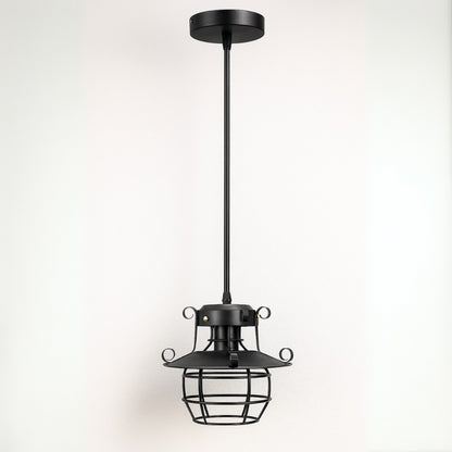 Suspension abat-jour en métal noir avec volutes et cage ampoule, style lanterne vintage, fixation plafond, lumière tamisée