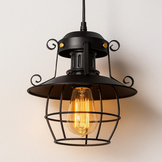 Suspension abat-jour en métal noir style lanterne, cage ampoule et volutes décoratives, lumière chaleureuse, E27, design vintage