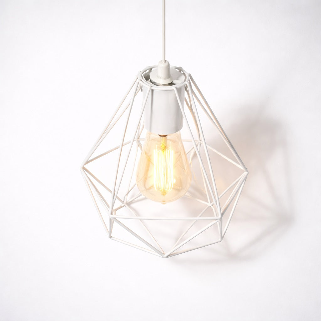 Abat-jour suspension métal Lumen blanc, structure géométrique élégante avec ampoule filament décorative