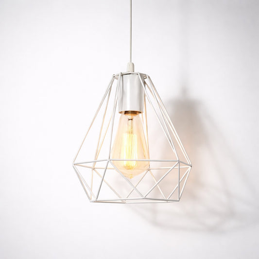 Abat-jour suspension métal blanc Lumen, détail de la structure géométrique et de l’ampoule décorative