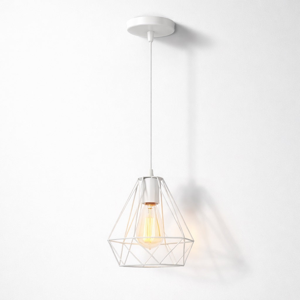 Abat-jour suspension métal blanc Lumen, design géométrique moderne avec ampoule apparente, style épuré