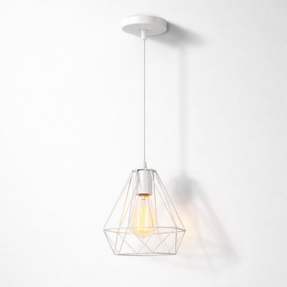 Abat-jour suspension métal blanc Lumen, design géométrique moderne avec ampoule apparente, style épuré