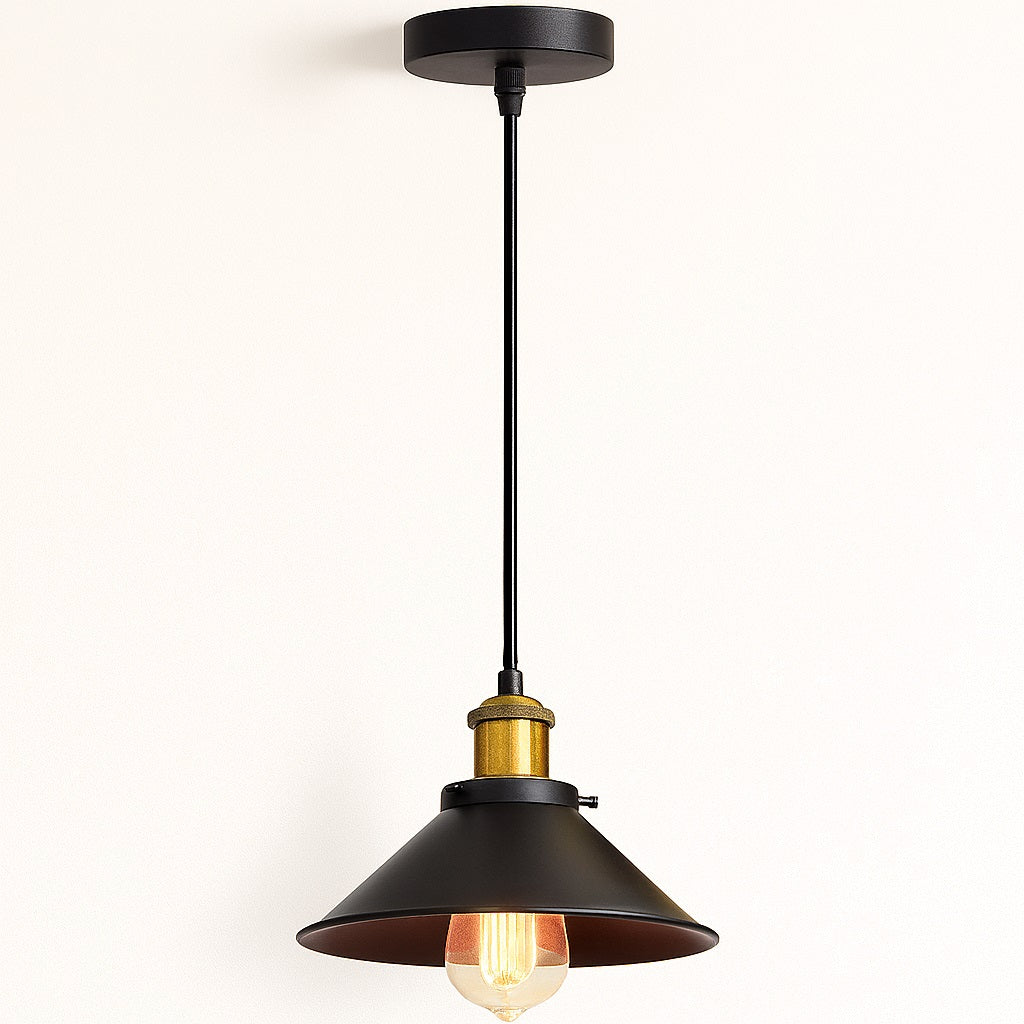 Suspension abat-jour en métal noir et laiton, câble noir et rosace plafond, design industriel rétro, compatible ampoule E27