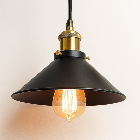 Suspension abat-jour en métal noir et laiton doré style industriel, lampe conique rétro compatible E27