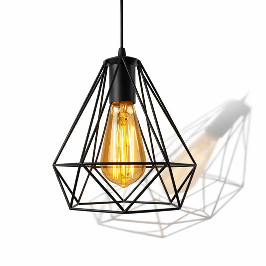 Abat-jour suspension métal noir Prisma, détail de la structure géométrique et ampoule décorative