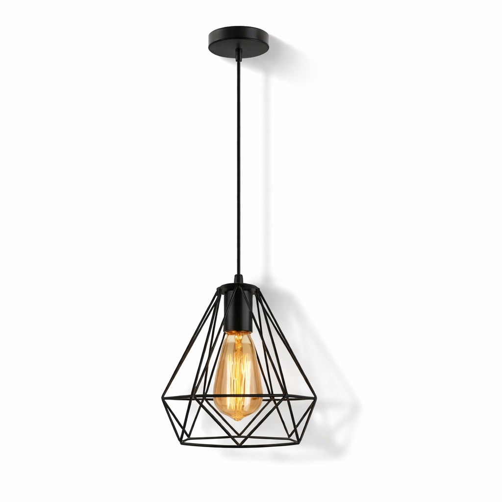 bat-jour suspension métal noir Prisma, design géométrique moderne avec ampoule apparente, idéal cuisine et îlot