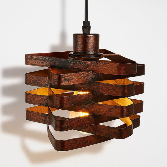 Suspension abat-jour design en métal aspect bois torsadé, style contemporain, lumière chaude, compatible ampoule E27