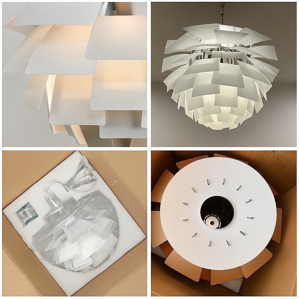 Suspension design type artichaut en métal blanc, détails des lamelles, montage partiel, emballage mousse renforcé en carton.
