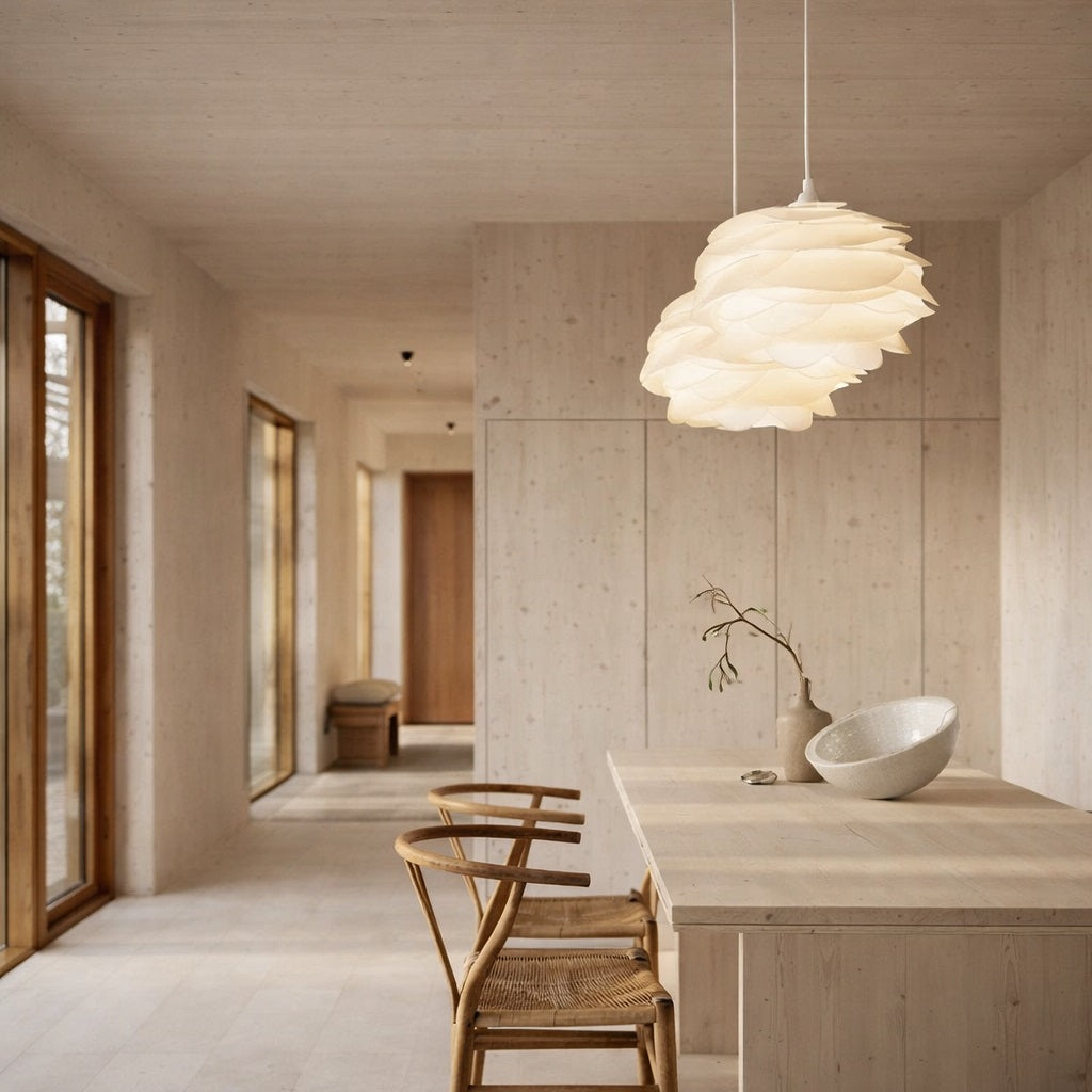 Abat-jour suspension blanc au style organique, diffusant une lumière douce dans un intérieur minimaliste