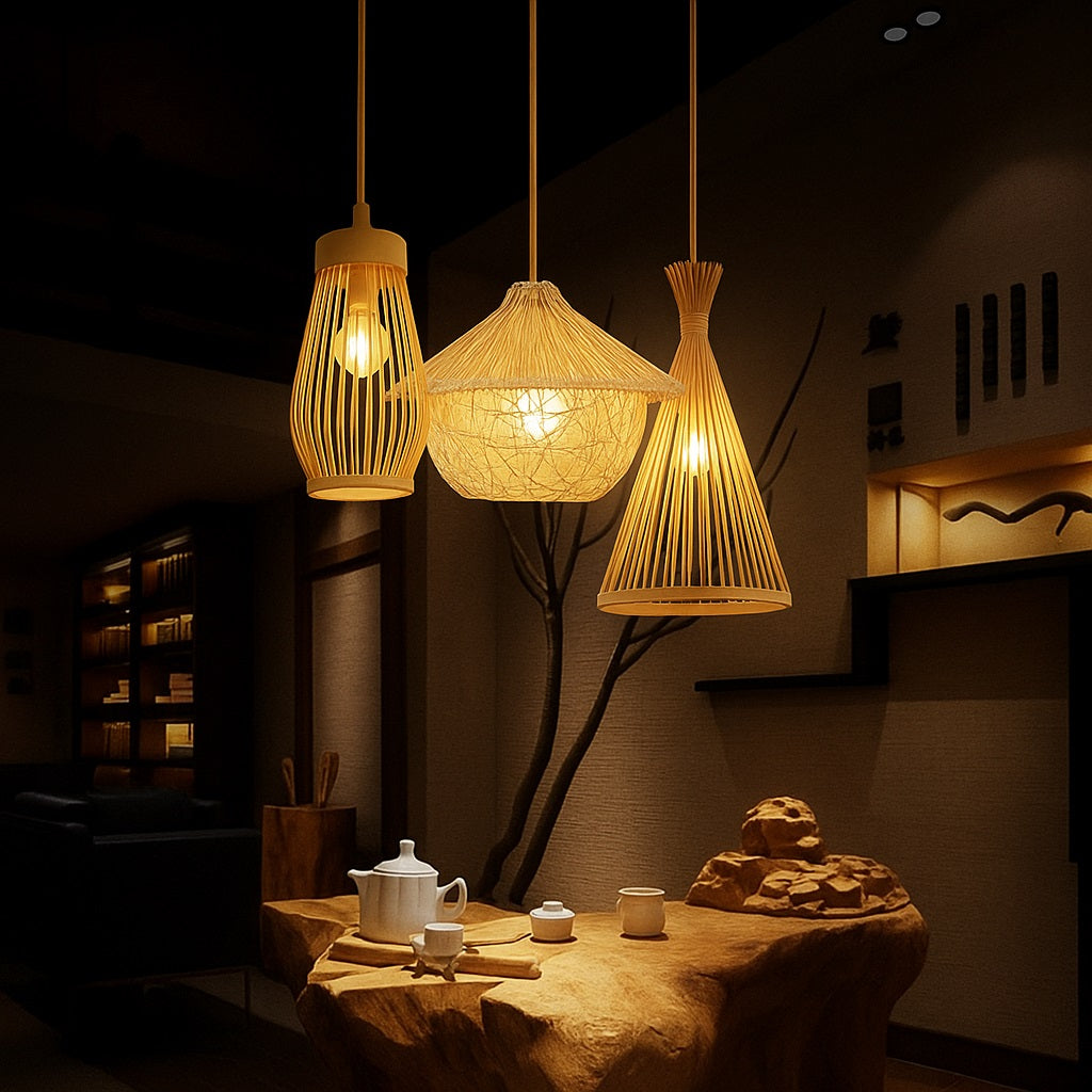 Suspension Hilo en rotin naturel suspendue avec deux autres modèles au-dessus d'une table, dans un intérieur chaleureux.