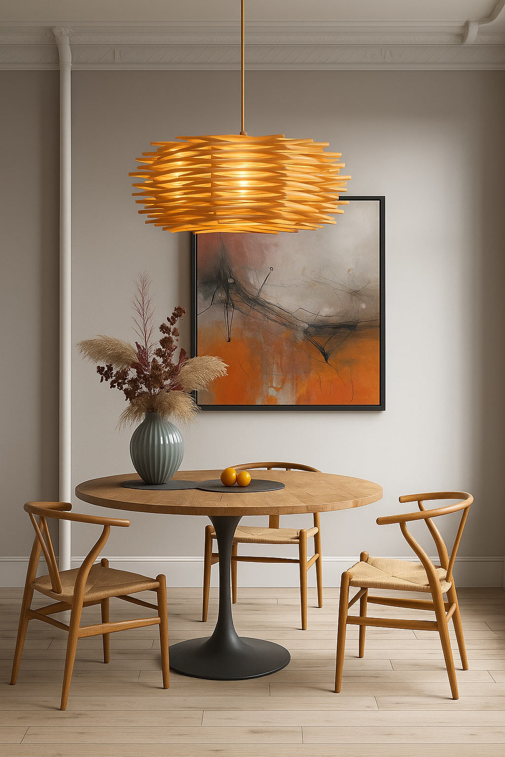 Suspension en rotin naturel à tressage graphique, apportant une lumière chaude au-dessus d'une table ronde en bois clair.