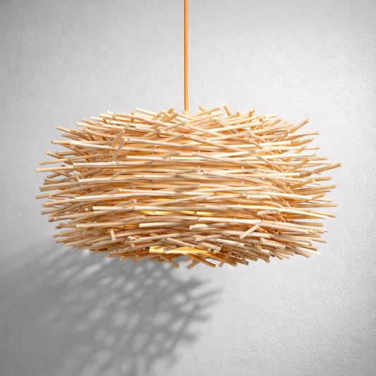 Abat-jour suspension en rotin naturel tressé, design artisanal, lumière douce et chaleureuse