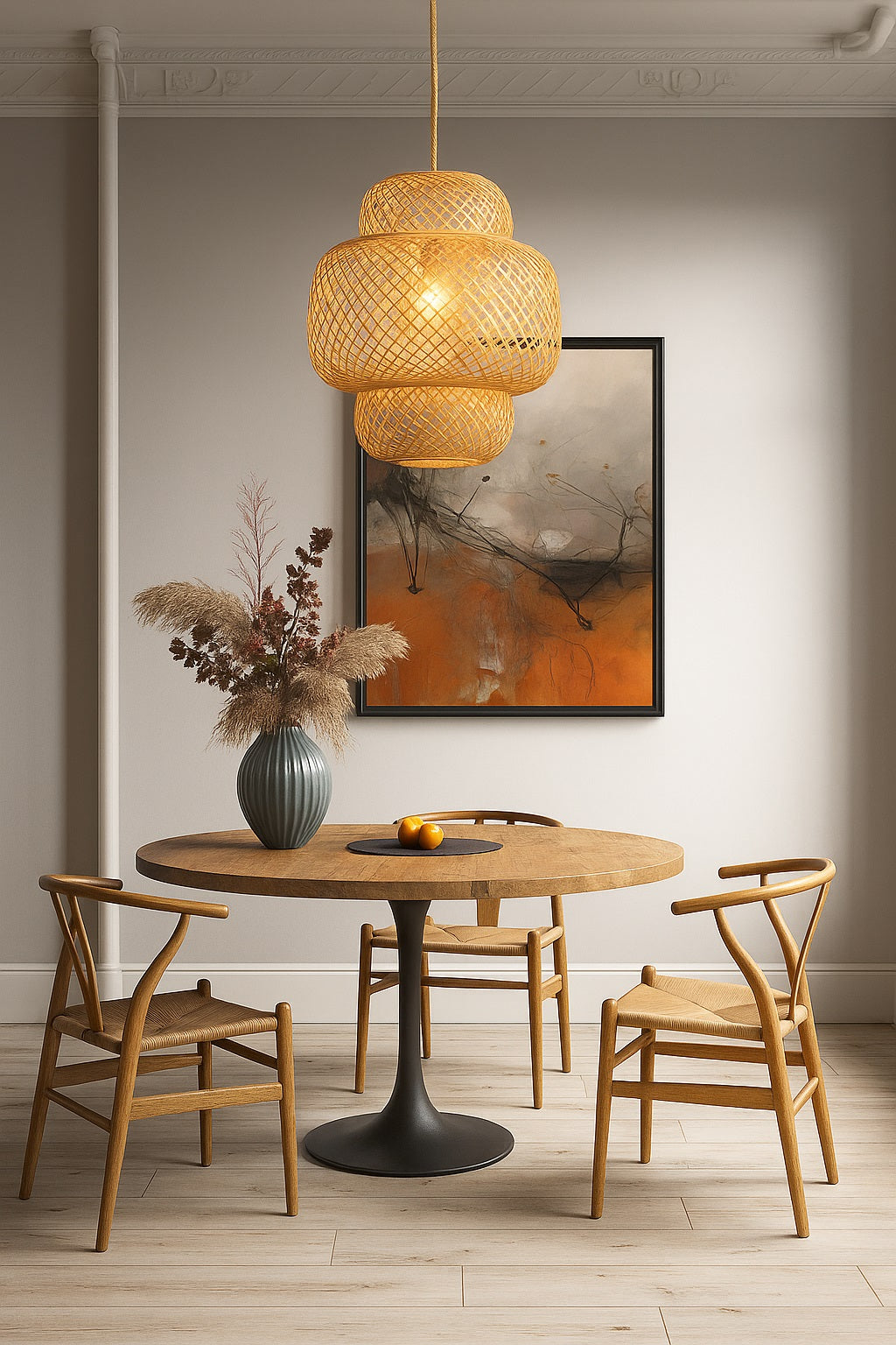 Abat-jour suspension en rotin Lanko au-dessus d'une table ronde, lumière chaude dans un intérieur contemporain.