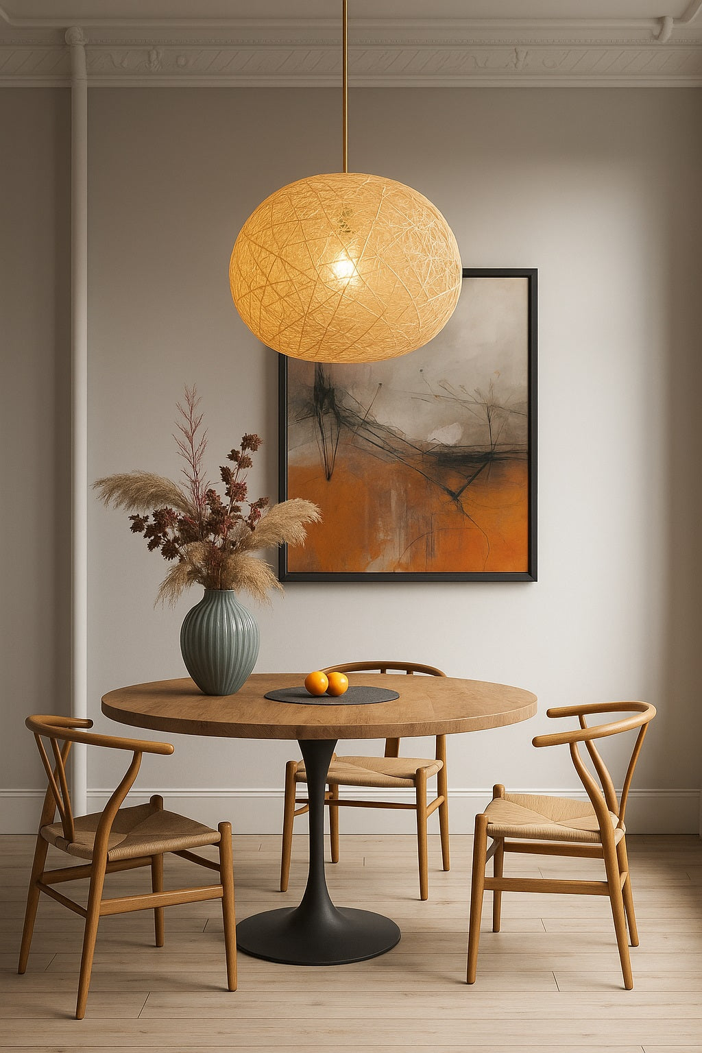 Suspension boule en rotin éclairée au-dessus d’une table ronde en bois, dans un salon chaleureux au style naturel et contemporain.