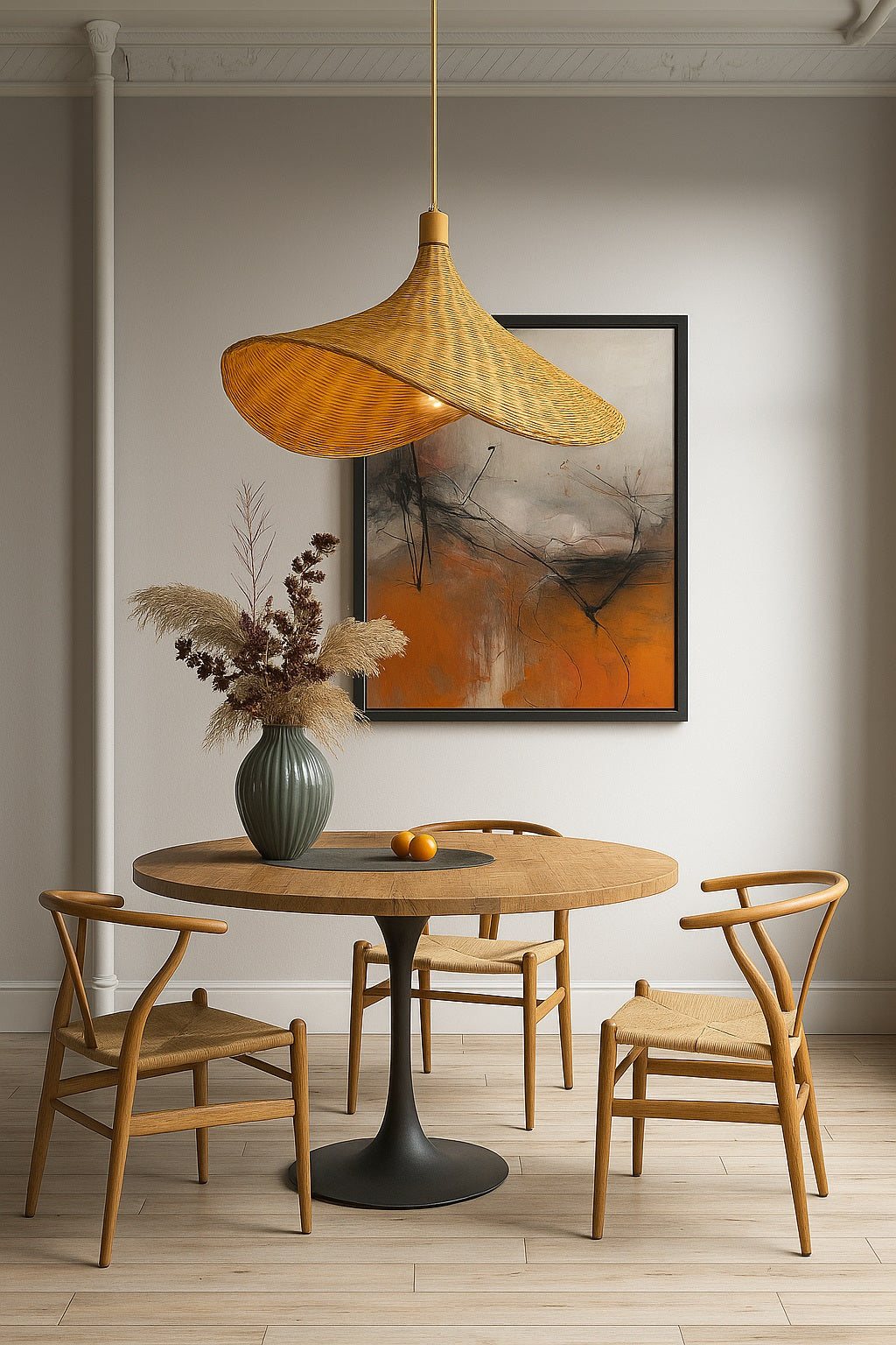 Suspension en rotin naturel Mira au-dessus d’une table ronde, ambiance chaleureuse et design contemporain.