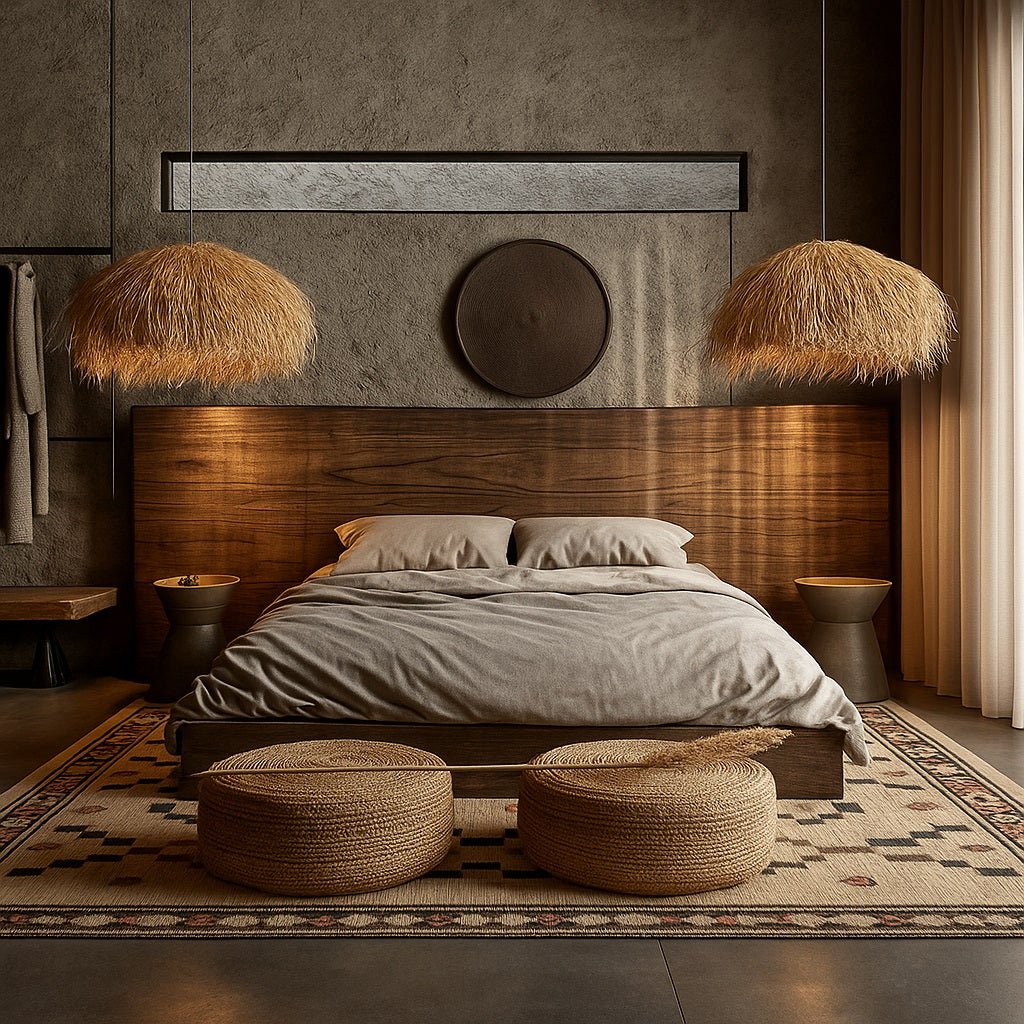 Abat-jour suspension en rotin naturel, lumière douce créant une ambiance chaleureuse dans une chambre moderne.